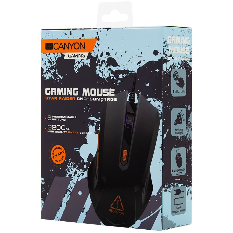 CANYON Star Raider GM-1 Optical Gaming Mouse with 6 programmable buttons, Pixart optical sensor, 4 levels of DPI and up to 3200, 3 million times key life, 1.65m PVC USB cable,rubber coating surface and colorful RGB lights, size:125*75*38mm, 115g_3