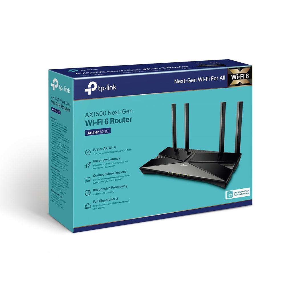 Wireless Router TP-LINK, AX10; 1.5 GHz Triple-Core CPU, 256 MB RAM, 16 MB Flash 1201 Mbps (5 GHz, 11ax), 300 Mbps (2.4 GHz, 11n), Standard and Protocol: IEEE 802.11ax/ac/n/a 5 GHz, IEEE 802.11n/b/g 2.4 GHz, 4× Fixed Omni-Directional Antennas, 1 × 1000/100/10 Mbps WAN Port, 4 × 1000/100/10 Mbps LAN_6