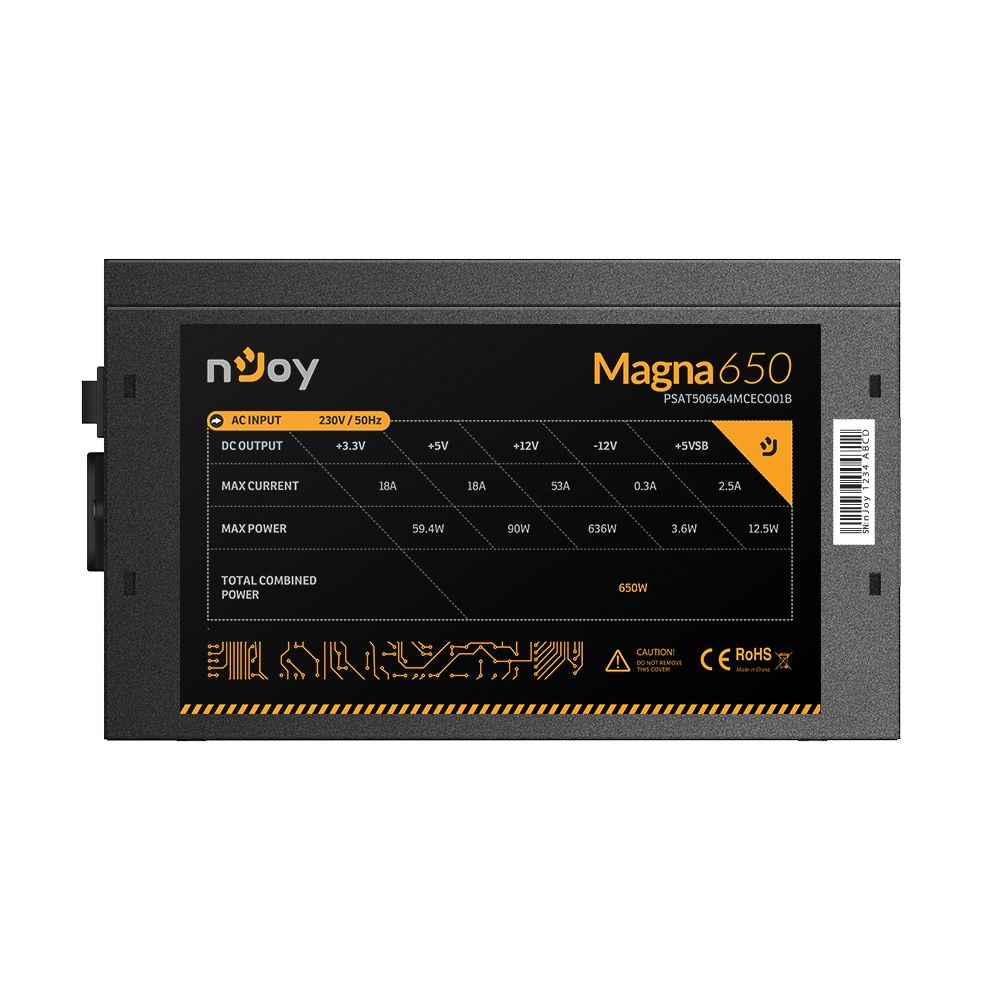 nJoy | Magna 650 | PSAT5065A4MCECO01B | 650 W | Activa | 1 x 20+4 pin ATX, 1 x 4+4 pin ATX 12V | 2 x 6+2 pin PCI-E, 5 x SATA, 3 x 4 pin Molex | PFC active | OCP / OVP / SCP / OPP | Full modular with DC to DC technology | Meet 80 Plus Bronze_7