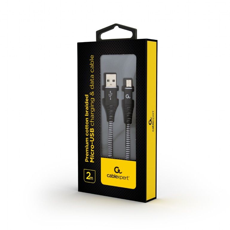 CABLU alimentare si date GEMBIRD, pt. smartphone, USB 2.0 (T) la Micro-USB 2.0 (T), 2m, premium, cablu cu impletire din bumbac, negru cu insertii albe, 