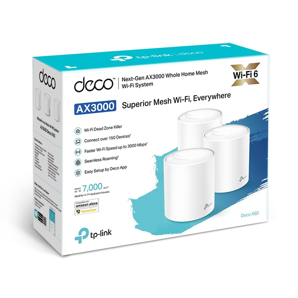 TP-Link AX3000 whole home mesh Wi-Fi 6 System, Deco X60(3-pack);  Standarde Wireless: IEEE 802.11 ax/ac/n/a 5 GHz, IEEE 802.11 ax/n/g/b 2.4 GHz, 2 LAN/WAN Gigabit Ethernet Ports, Qualcomm 1 GHz Quad-core CPU, 4 internal antennas per Deco unit, 2402 Mbps (5 GHz), 574 Mbps (2.4 GHz)._3