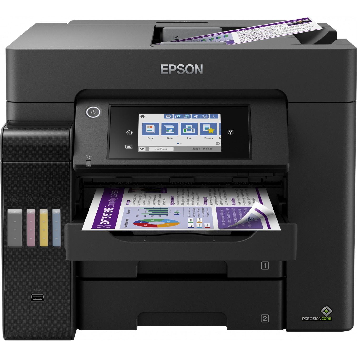 Multifunctional inkjet color CISS Epson L6570, dimensiune A4 (Printare, Copiere, Scanare, Fax), viteza 32 ppm alb-negru, 32ppm color, rezolutie 4800x1200 dpi, alimentare hartie 550 coli, scanner CIS rezolutie 1200x2400 dpi, DADF, fax memorie 550 pagini, interfata: USB 2.0, Ethernet, Wireless, WI-FI_3