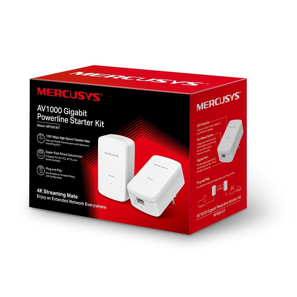 KIT ADAPTOR si AMPLIFICATOR POWERLINE MERCUSYS, tehnologie AV2, AV1000, pana la 1000 mBPS, RJ-45 x 1 porturi 10/100/1000 Mbps, 2 buc, 