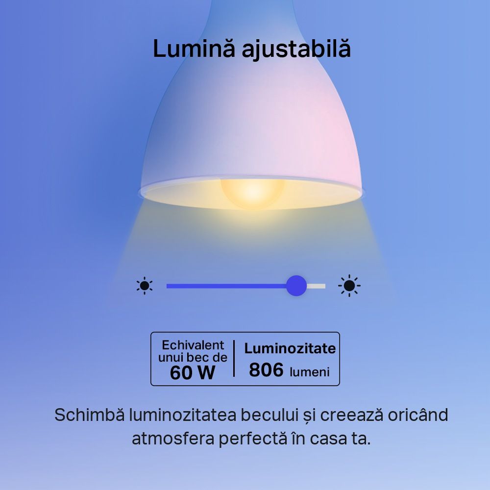 BEC LED wireless TP-LINK, 800lm, 8.7W, E27, intensitate reglabila, control prin smartph.cu apl.Kasa, ajustare automata a luminii in fct. de momentul zilei, lumineaza in diferite culori 