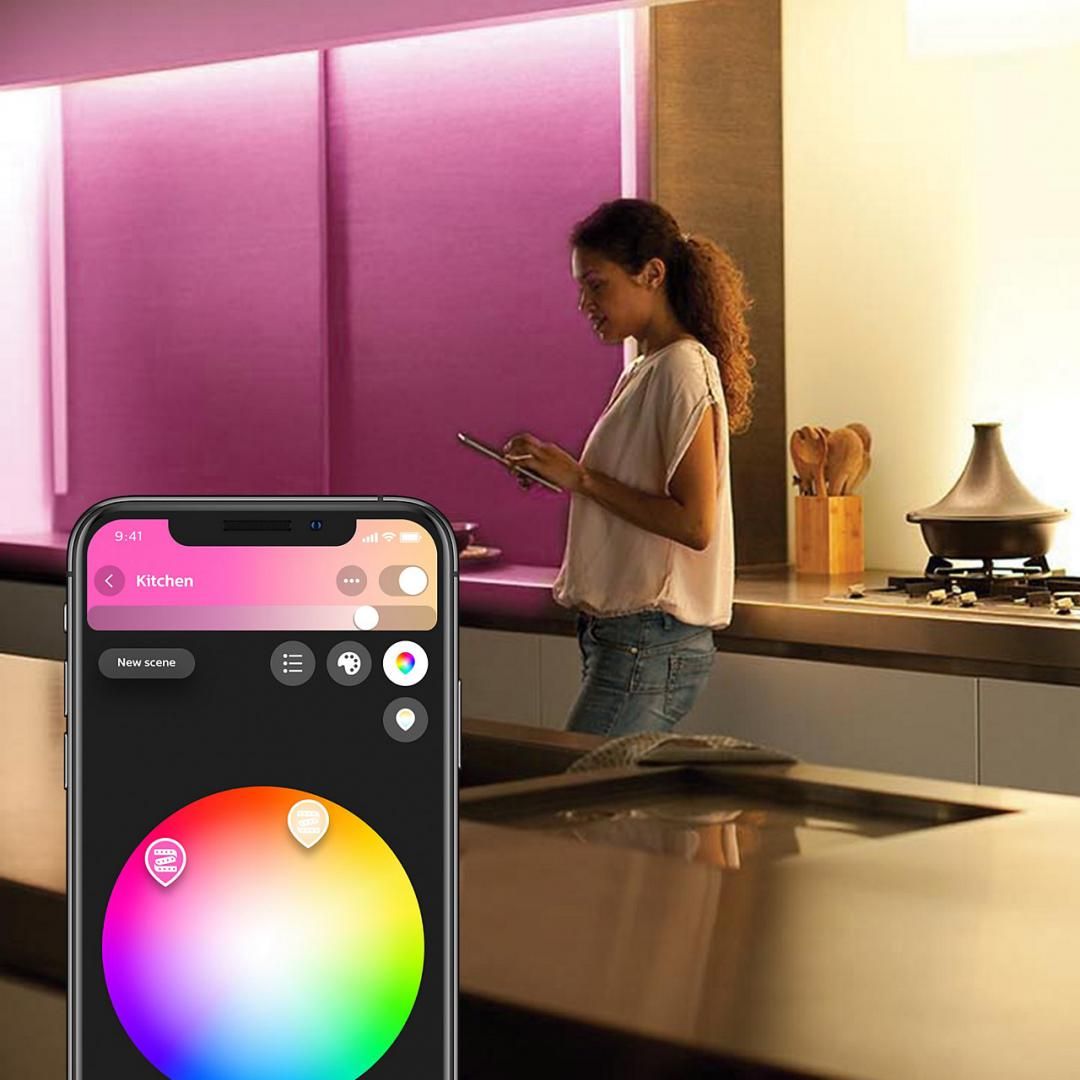 Banda LED RGBW inteligenta Philips Hue Lightstrip Plus, ZigBee Light Link, Bluetooth, 20W, IP20, lumina ambianta alba si color, temperatura reglabila 2000-6500K, 1600 lumeni, durata de viata 25.000 de ore, funcționează cu consola Hue Bridge, lungime banda 2 metri, include 1x adaptor de curent_3