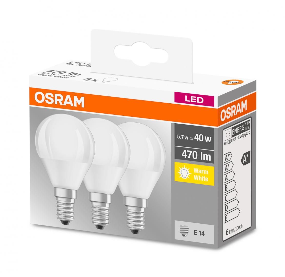 Set 3 becuri Led Osram, E14, , 5,7W, 470 lumeni, lumina calda(2700K), durata de viata 10.000 ore, clasa energetica A++