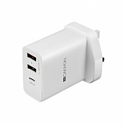 CANYON H-08 Universal 3xUSB AC charger (in wall) with over-voltage protection(1 USB-C with PD Quick Charger), Input 100V-240V, OutputUSB-A/5V-2.4A+USB-C/PD30W, with Smart IC, White Glossy Color+ orange plastic part of USB, 96.8*52.48*28.5mm, 0.092kg_1