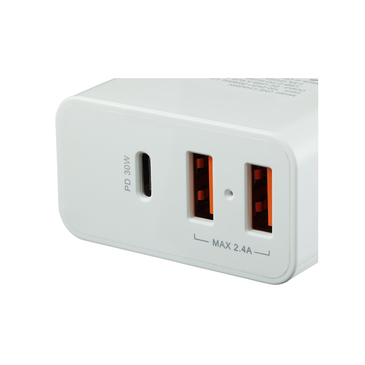 CANYON H-08 Universal 3xUSB AC charger (in wall) with over-voltage protection(1 USB-C with PD Quick Charger), Input 100V-240V, OutputUSB-A/5V-2.4A+USB-C/PD30W, with Smart IC, White Glossy Color+ orange plastic part of USB, 96.8*52.48*28.5mm, 0.092kg_2