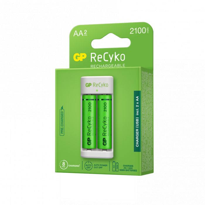 Incarcator GP Batteries, Recyko compatibil NiMH (AA/AAA), include 2 x 2100 mAh AA (R6), incarcare USB, 1 LED indicare incarcare, 