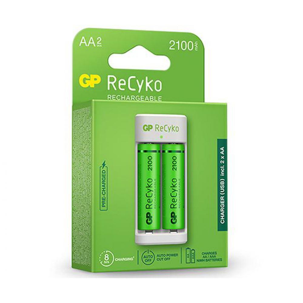 Incarcator GP Batteries, Recyko compatibil NiMH (AA/AAA), include 2 x 2100 mAh AA (R6), incarcare USB, 1 LED indicare incarcare, 