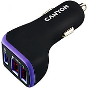 CANYON Universal 3xUSB car adapter, Input 12V-24V, Output DC USB-A 5V/2.4A(Max) + Type-C PD 18W, with Smart IC, Black+Purple with rubber coating, 71*39*26.2mm, 0.028kg_3