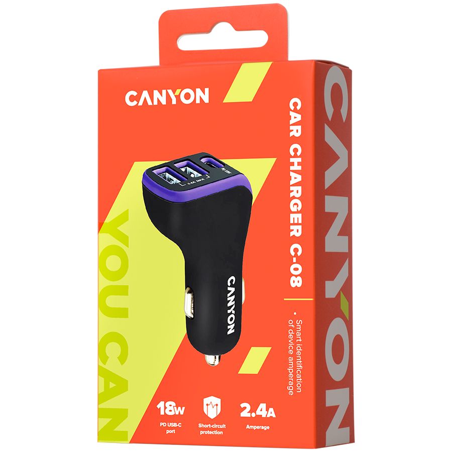 CANYON Universal 3xUSB car adapter, Input 12V-24V, Output DC USB-A 5V/2.4A(Max) + Type-C PD 18W, with Smart IC, Black+Purple with rubber coating, 71*39*26.2mm, 0.028kg_6