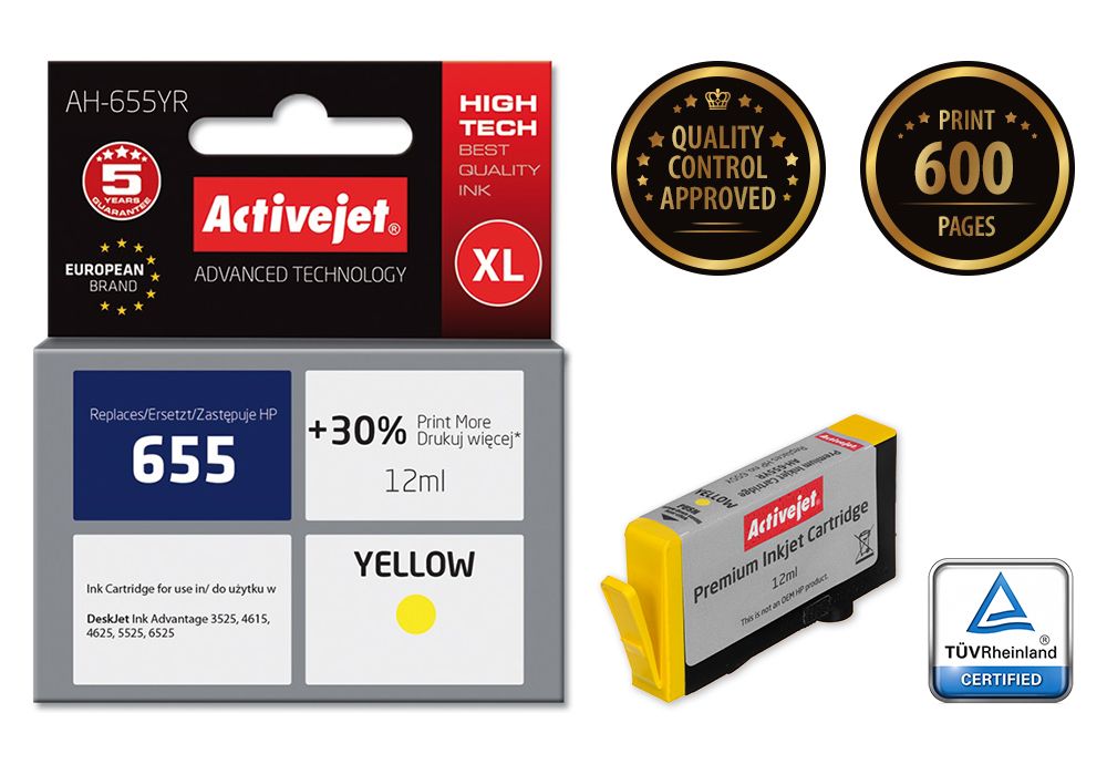 Activejet AH-655YR ink for HP printer; HP 655 CZ112AE replacement; Premium; 12 ml; yellow_2