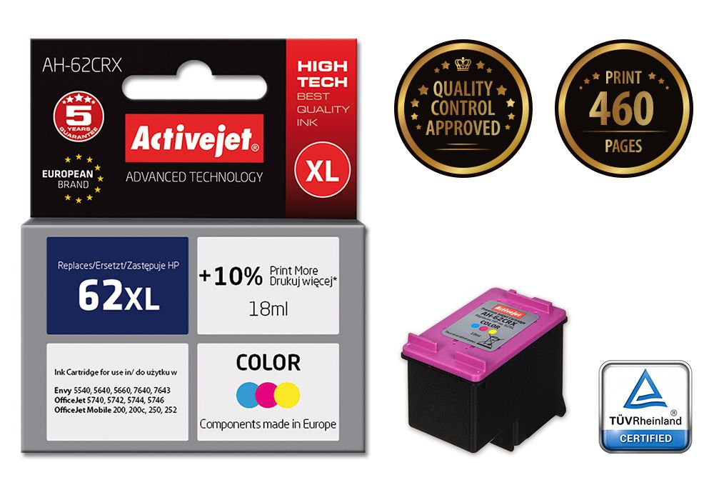 Activejet AH-62CRX ink for HP printer; HP 62XL C2P07AE replacement; Premium; 18 ml; color_2