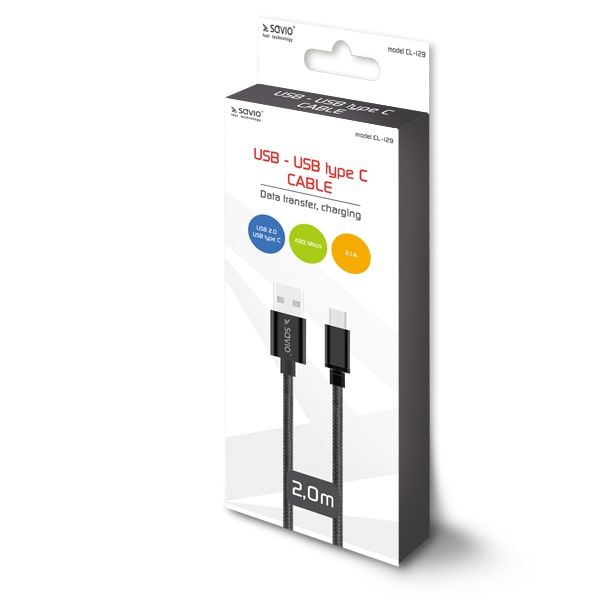 Savio CL-129 USB cable 2 m USB 2.0 USB A USB C Black_2