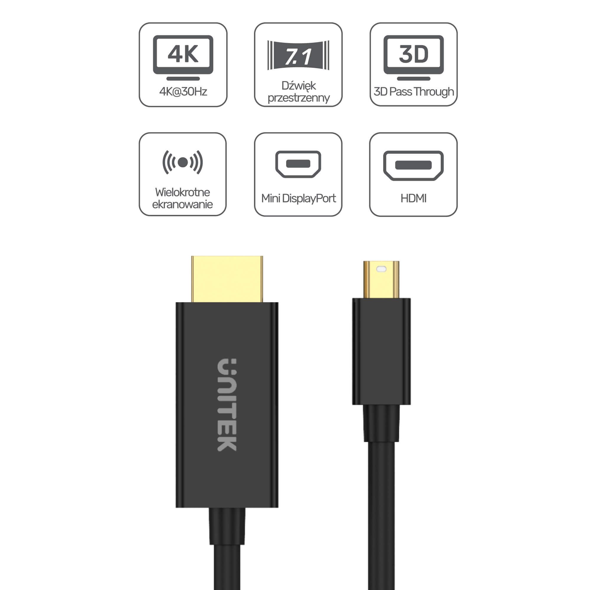 UNITEK ADAPTER MINIDP - HDMI, 4K@30HZ, CABLE 2M_3