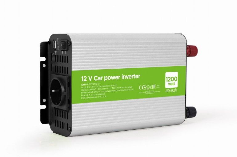 EnerGenie EG-PWC1200-01 power adapter/inverter Auto 1200W Aluminium,Black