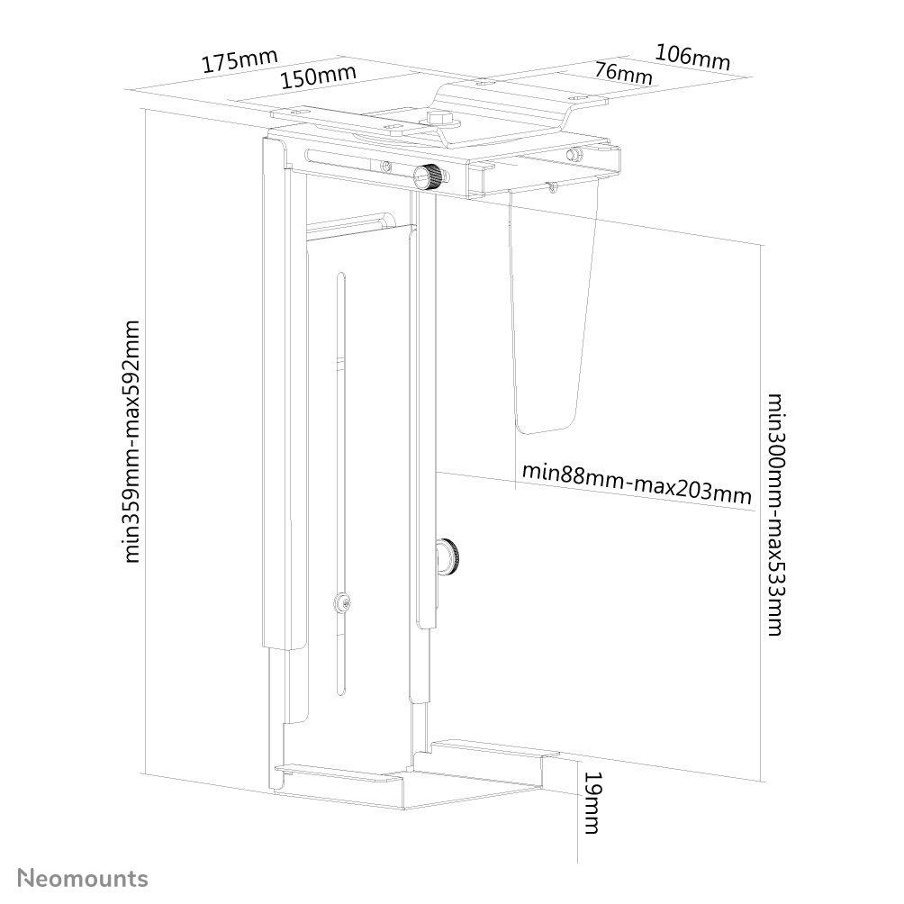 Neomounts by Newstar Select Swivel Under Desk & On-Wall PC Mount (Suitable PC Dimensions -Height: 30-53 cm / Width: 9-20 cm) - Black  Specifications General Min. weight: 0 kg Max. weight: 10 kg  Functionality Type: Swivel Swivel (degrees): 360° Width: 9 - 20 cm Height: 30 - 53 cm Height adjustment_8