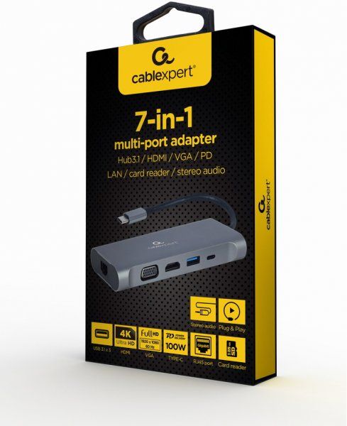 GEMBIRD A-CM-COMBO7-01 Multi Port Adapter USB Type C Hub3.0 HDMI VGA PD card reader stereo audio space grey_2