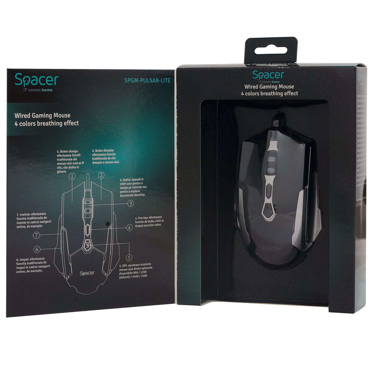 MOUSE Spacer - gaming, gaming, cu fir, USB, optic, 6.400 dpi, butoane/scroll 6/1, iluminare RGB, negru, 