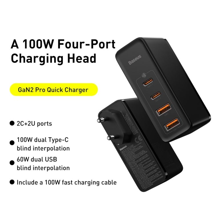 INCARCATOR retea Baseus GaN2 Pro, Quick Charge 3.0 100W, 2 x USB Type-C 5V/3A max, 2 x USB 5V/3A max, negru 