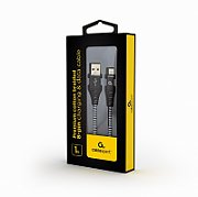 CABLU alimentare si date GEMBIRD, pt. smartphone, USB 2.0 (T) la Lightning (T), 1m, premium, cablu cu impletire din bumbac, negru cu insertii albe, 