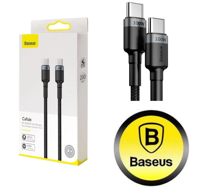 CABLU alimentare si date Baseus Cafule, Fast Charging Data Cable pt. smartphone, USB Type-C la USB Type-C PD2.0 20V/5A, brodat, 2m, gri+negru 