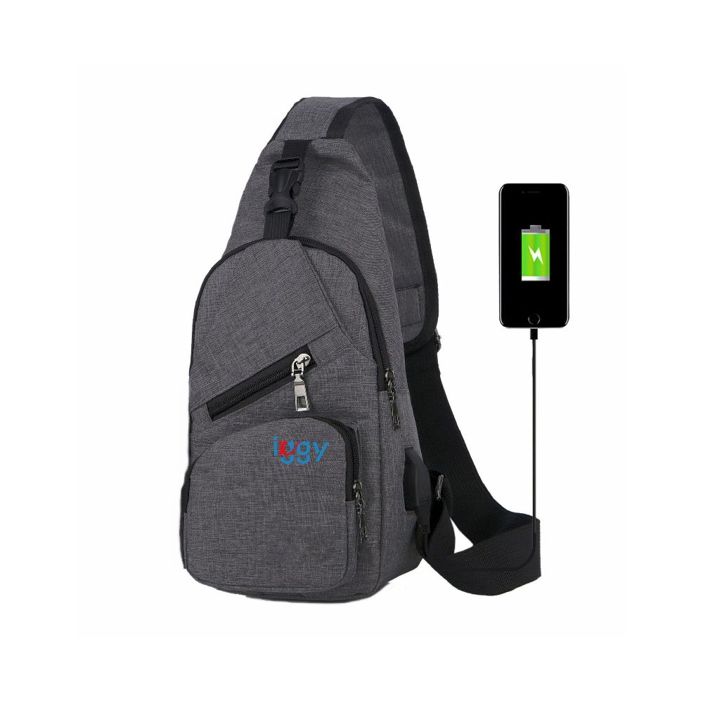 RUCSAC Sling Iggy, polyester,1 bretea, 1 compartiment principal,2 compartimente frontale, 32x16x6.9cm, mufa USB incarcare+cablu, gri, 