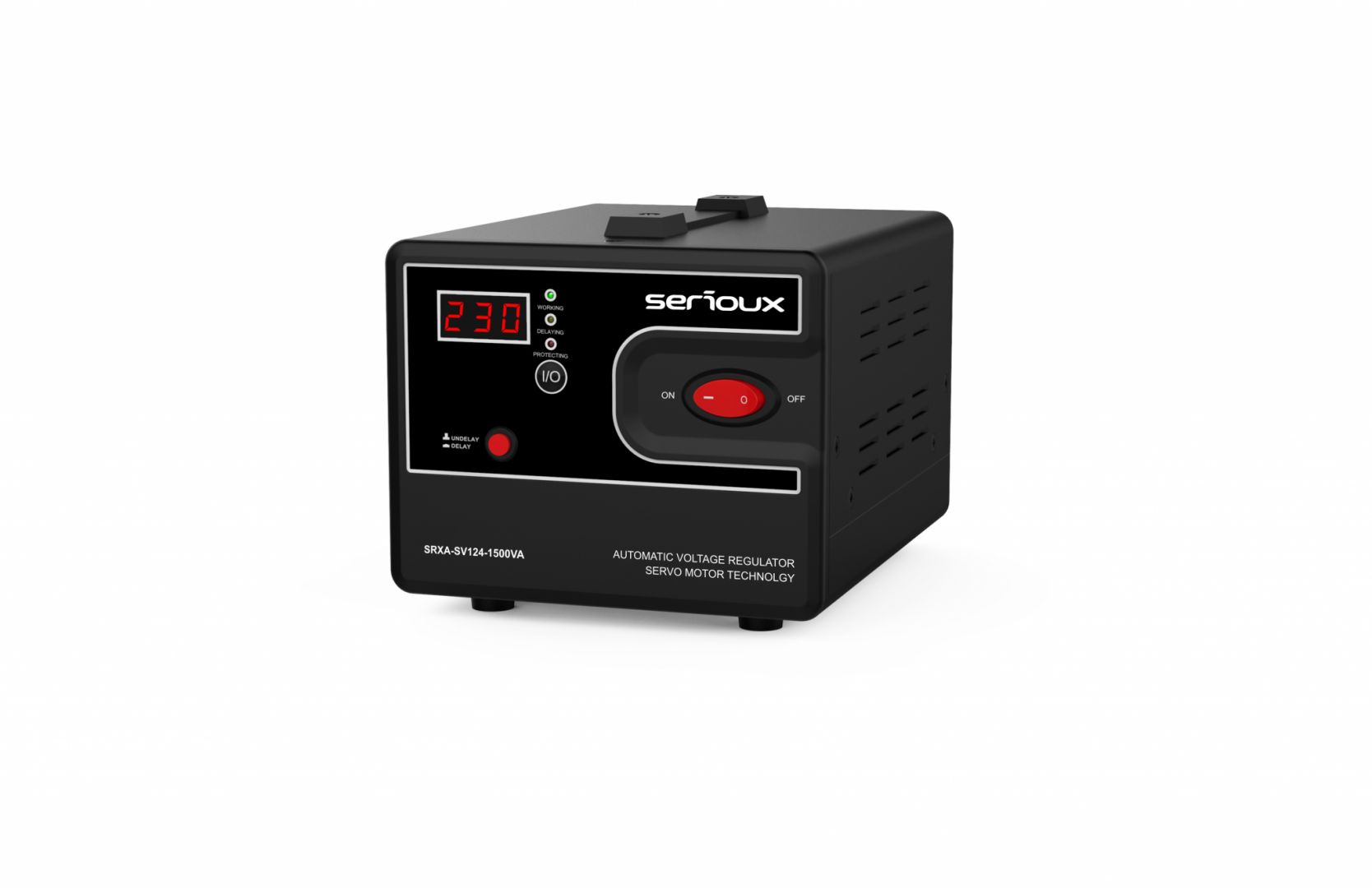 Stabilizator de tensiune Serioux Servo 124-150VA, putere 1500VA/900W, tip servo motor, transformator toroidal+ Servo motor, interval tensiune intrare 150V ~ 260V, interval frecvența intrare 45Hz ~ 65Hz, tensiune de ieșire 230V, precizie de ieșire ±3%, prize: 2x Schuko, distorsiuni  <3%, eficienţă