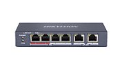 Switch Hikvision DS-3E0106P-E-M, Switching capacity 1.6 Gbps, 4 x 10/100Mbps PoE ports, and and 2 × 10/100Mbps RJ45 ports, MAC address table 4 K, PoE power budget 35 W, Internal cache 768 Kbits, 6 KV surge protection for PoE ports, Up to 300 m long-range transmission, dimensiuni: 145 mm × 68.45 mm ×_1