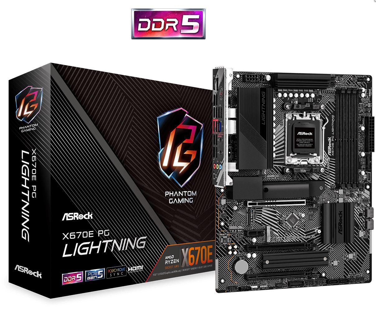 Placa de baza AsRock Socket AM5, X670E PG Lightning  Supports AMD Ryzen™ 7000 Series Processors 14+2+1 Phase Power Design, SPS 4 x DDR5 DIMMs, supports up to 6600+(OC) 1 PCIe 5.0 x16, 1 PCIe 4.0 x16, 1 PCIe 4.0 x16, 1 PCIe 4.0 x1, 1 M.2 Key-E for WiFi Graphics Output Options: 1 HDMI, 1 DisplayPort_2