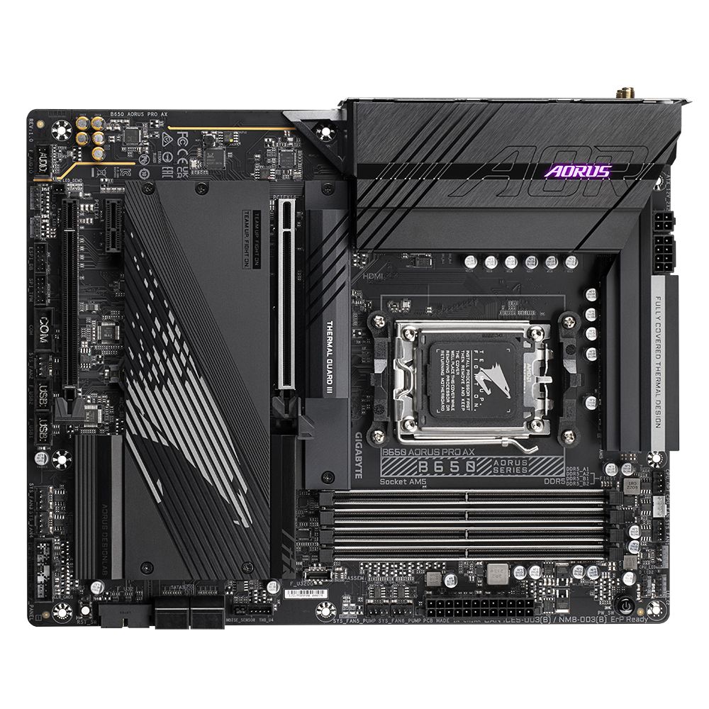 Placa de baza Gigabyte B650 AORUS PRO AX AM5, B650 Chipset, Supports 7000 series AMD Ryzen, 4x DIMM Slots, DDR5 6600MHz, PCIe Gen 4, 4x SATA 6Gb/s connectors, 3xM.2 Slot, 2.5GB LAN, USB Type-C, WIFI 6E, ATX_2