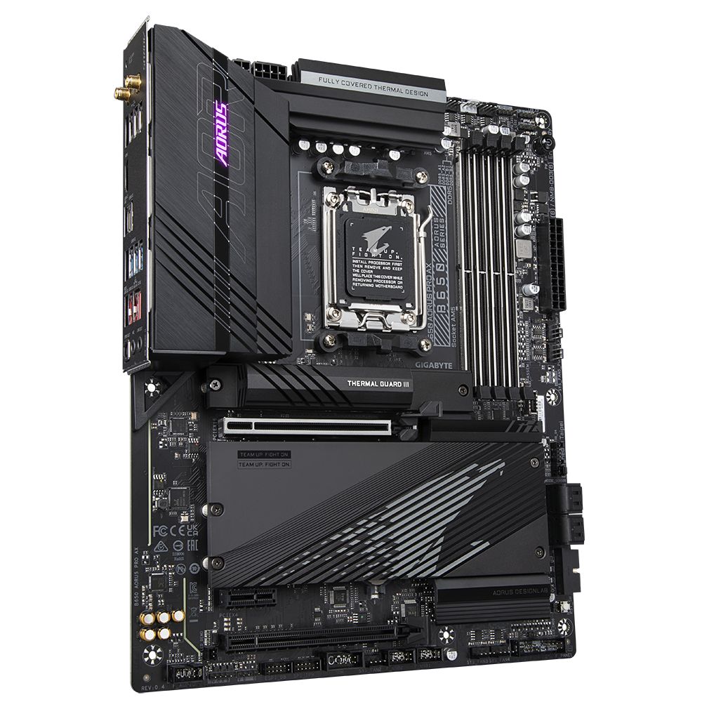 Placa de baza Gigabyte B650 AORUS PRO AX AM5, B650 Chipset, Supports 7000 series AMD Ryzen, 4x DIMM Slots, DDR5 6600MHz, PCIe Gen 4, 4x SATA 6Gb/s connectors, 3xM.2 Slot, 2.5GB LAN, USB Type-C, WIFI 6E, ATX_3