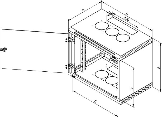 Rack de perete Triton sectiune simpla 9U 600mm adancime usa sticla panouri laterale fixe sectiuni ventilatie activa, sectiuni acces cabluri sus/jos/spate securizare cu cheie, 1 pereche montanti reglabili IP30 negru