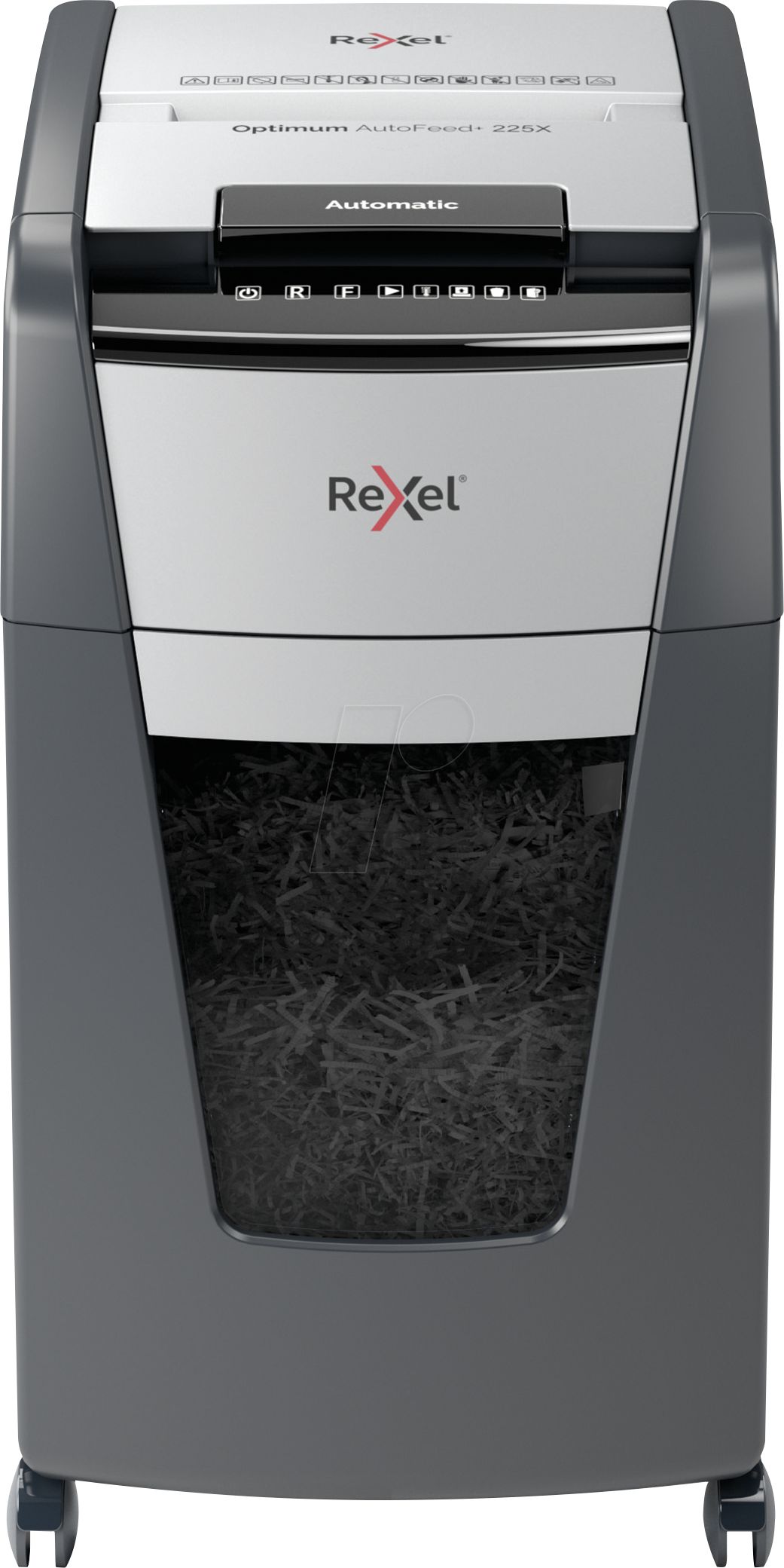 Distrugator automat documente Rexel OPTIMUM 225X , 225 coli, P4, cross-cut (tip confeti), cos  60 litri, negru-gri,  2020225XEU  (include TV 35lei)