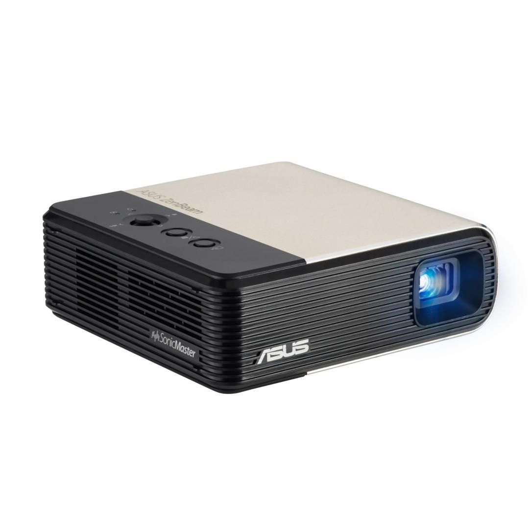 Proiector portabil Asus ZenBeam E2, DLP LED 30.000 ore, WVGA 854* 480, max FHD 1920*1080, 300 LED lumeni, 400:1, 16:9, boxa 5W, HDMI, USB-A: x 1 (Power output 5V/1A, USB WiFi dongle), proiectie Wireless, dimensiune maxima imagine 100