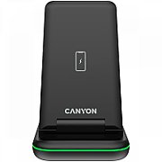 CANYON  WS- 304 Foldable  3in1 Wireless charger, with touch button for Running water light, Input 9V/2A,  12V/1.5AOutput 15W/10W/7.5W/5W, Type c to USB-A cable length 1.2m, with QC18W EU plug,132.51*75*28.58mm, 0.168Kg, Black