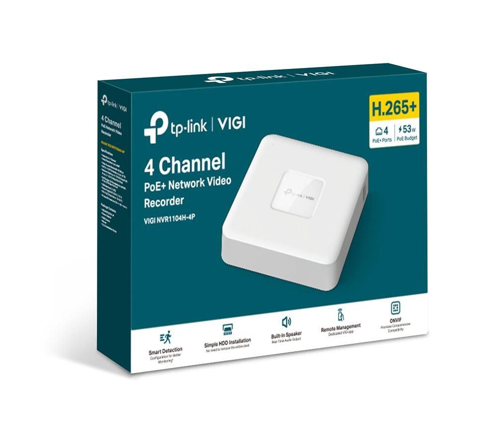 TP-LINK VIGI 4 CHANNEL Network video recorder, VIGI NVR1104H-4P, latime de banda 80 Mbps, 4 canale IP, rezolutie: pana la 8MP, format: H.265+/H.265/ H.264+/H.264, suporta 1 HDD SATA de pana la 10TB, POE_2