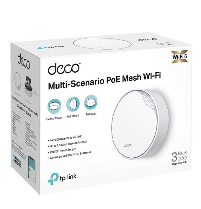 TP-Link AX3000 whole home mesh Wi-Fi 6 System, Deco X50-POE(3-pack); Dual- Band, Standarde Wireless: IEEE 802.11ax/ac/n/a 5 GHz, IEEE 802.11ax/n/b/g 2.4 GHz ,viteza wireless: 5 GHz: 2402 Mbps, 2.4 GHz: 574 Mbps, 2 x antene interne, 2×2 MU-MIMO, Mod Router, Mod Access Point, interfata: 3 x_4