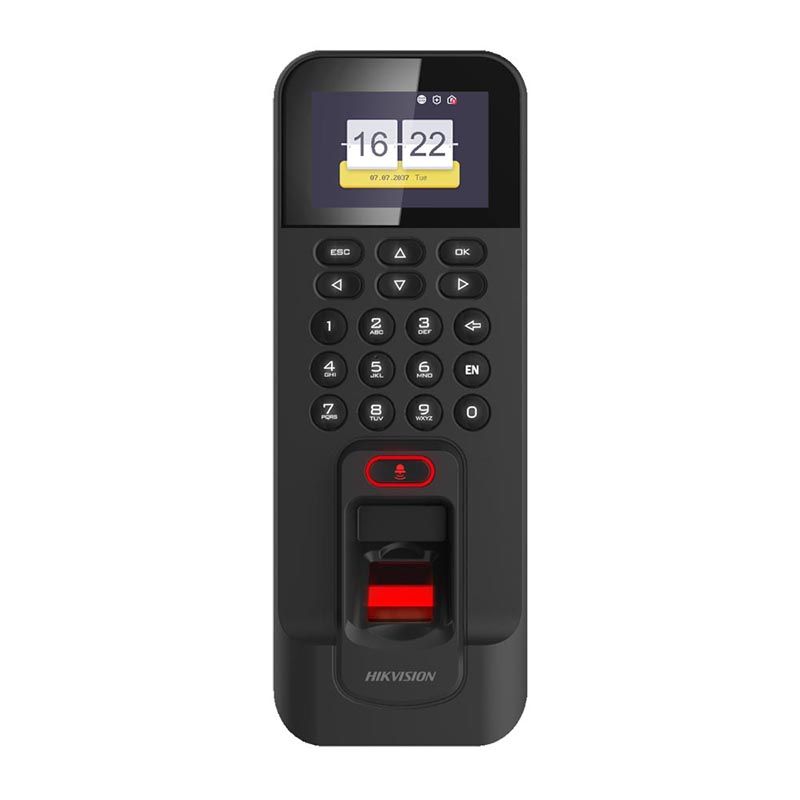 Controler de acces biometric stand alone Hikvision cu tastatura si cartele de proximitate MIFARE, DS-K1T804AMF Capacitate de stocare: 3,000cartele, 3,000 amprente si 100,000 evenimente Suporta functii de Access Control si  Time Attendance display LCD2.4-inch Distanta de citire: 0-5cm