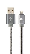 CABLU alimentare si date GEMBIRD, pt. smartphone, USB 2.0 (T) la Lightning (T), 1m, premium, cablu metalic, gri-metalic, cu insertii albe, 