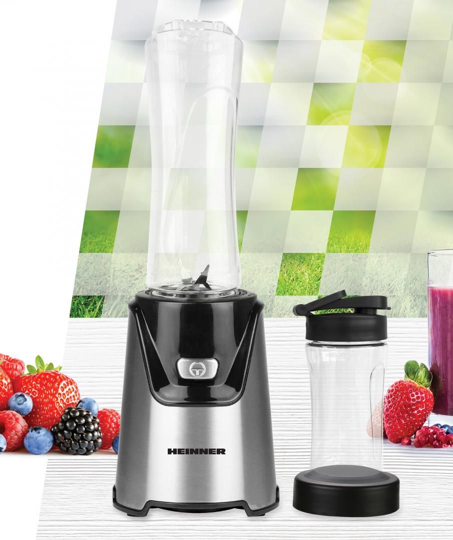 Blender sport Heinner HSB-T400SS, 400W, 19000RPM, recipient Tritan fara BPA 600ml, recipient Tritan fara BPA 400ml, doua capace  gata de plecare , buton ON/OFF, lame din inox, carcasa inox