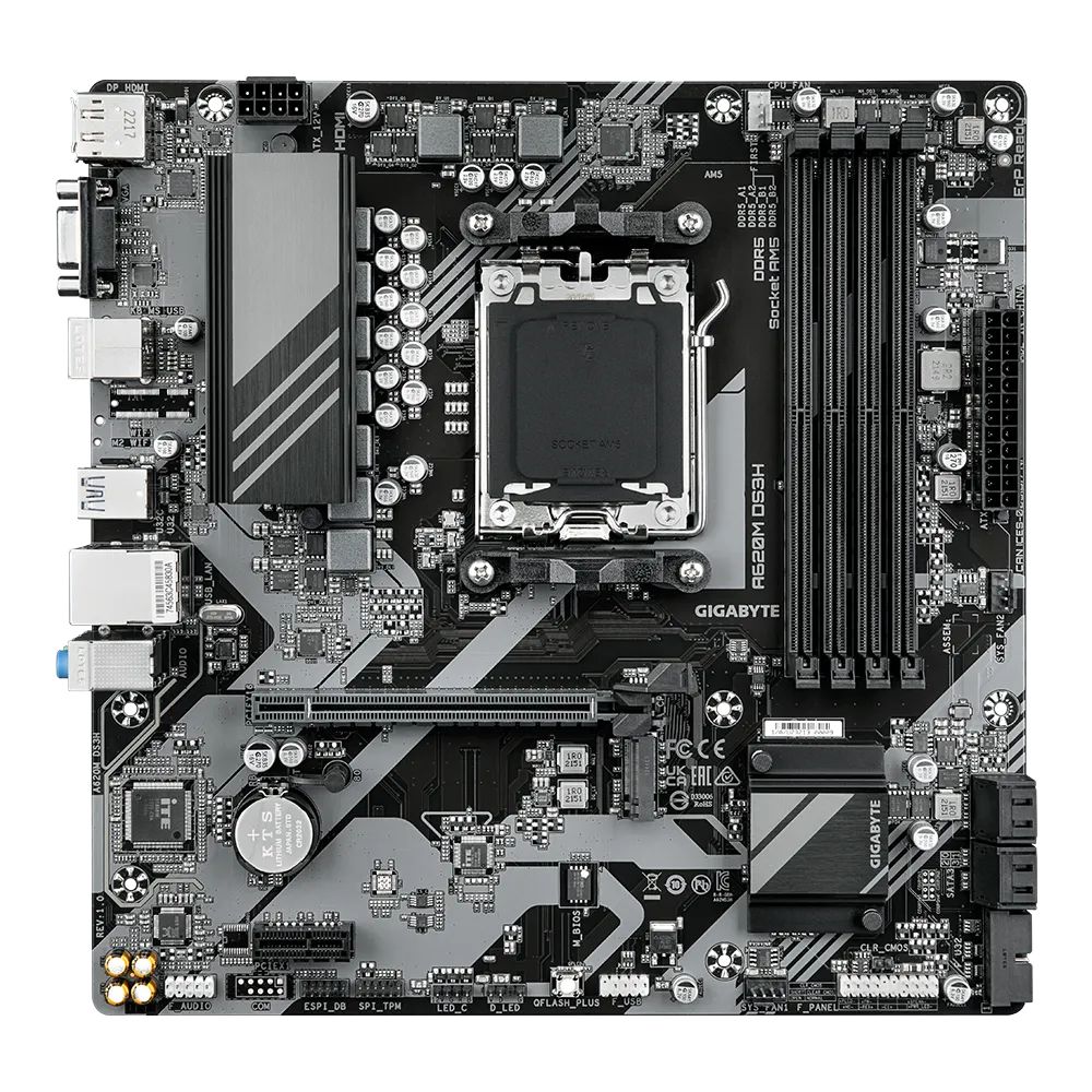 Placa de baza GIGABYTE A620M DS3H, socket AM5, 4x DDR5 UDIMM, 4x SATA, 1x NVMe, 9x USB-A, 1x USB-C, mATX