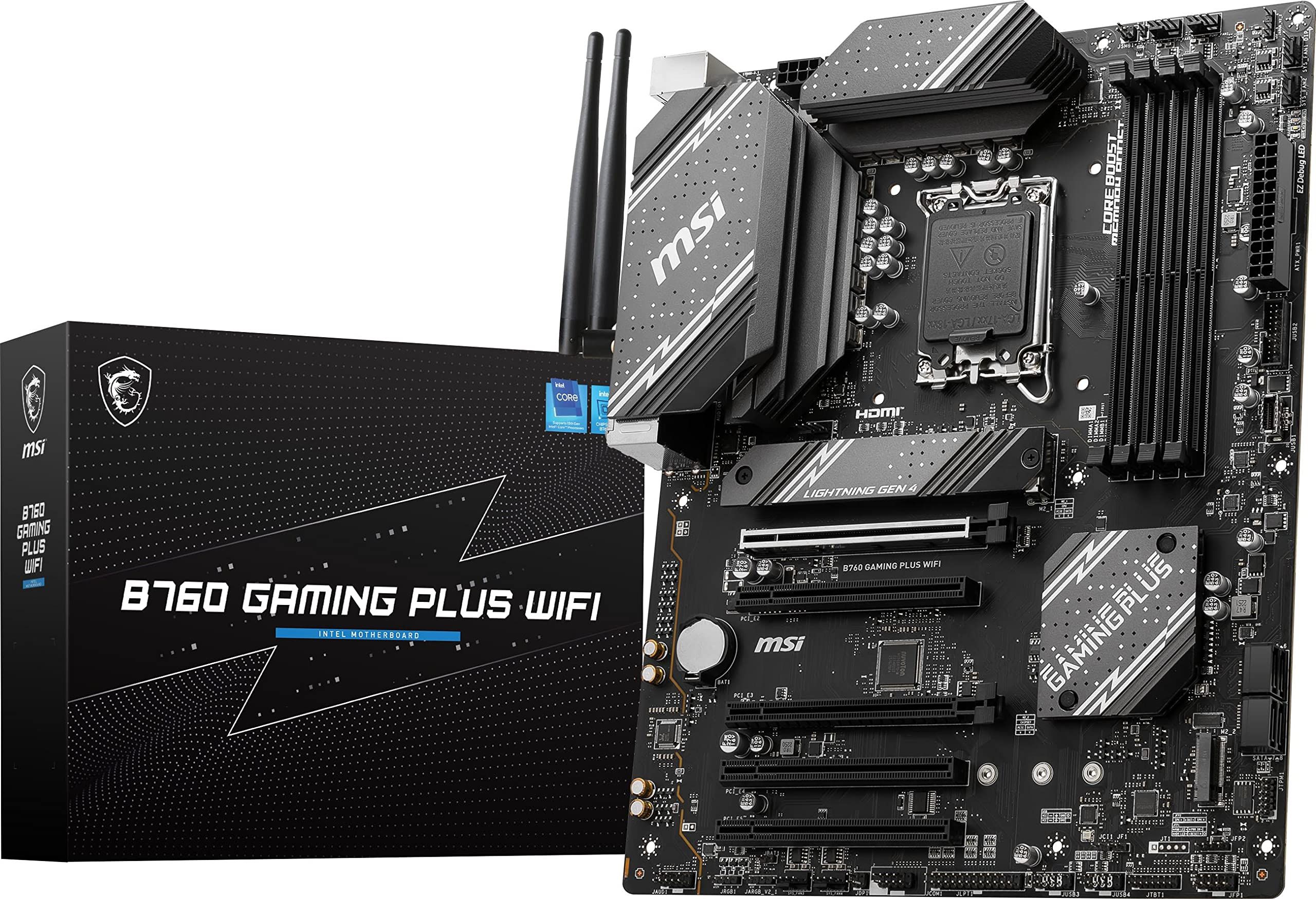 B760 GAMING PLUS WIFI 4x DDR5 LGA1700 1x HDMI™ Support HDMI™ 2.1 with HDR, maximum resolution of 4K 60Hz* 1x DisplayPort Support DP 1.4, maximum resolution of 4K 60Hz* 5x PCI-E x16 slot https://www.msi.com/Motherboard/B760-GAMING-PLUS-WIFI/Specification_2