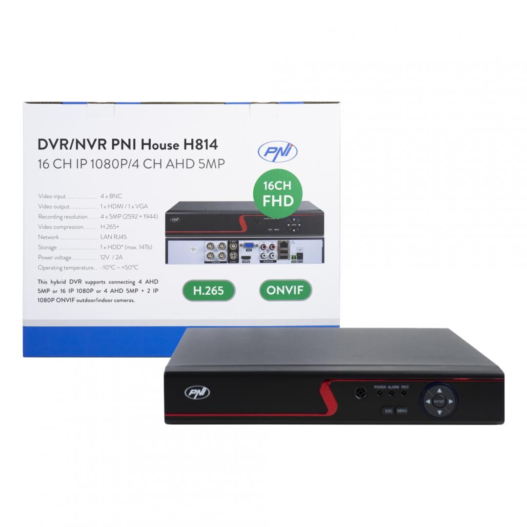 DVR / NVR PNI House H814 - 16 canale IP full HD 1080P sau 4 canale analogice 5MP, Numar canale video: 4 canale, Compresie video: H.265, rEZOLUTIE: Analog: 4 x 5MP IP: 16 x 1080P / 8 x 5MP Hibrid: 4 x 5MP + 2 x IP 1080P, IESIRE: 1080P(VGA) / 1080P(HDMI), sTOCARE: maxim 1 x 14 TB HDD (nu este inclus)_5