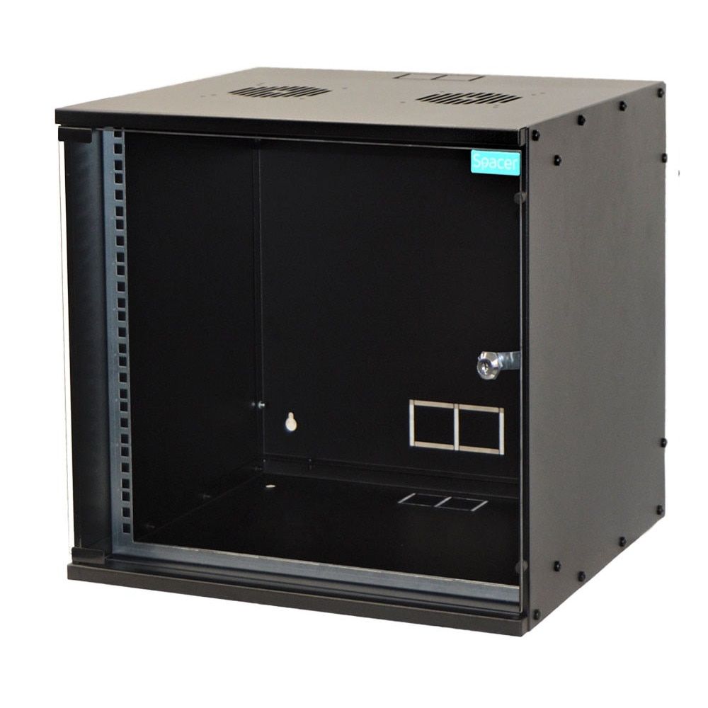 CABINET 19  SPACER    9U 600x450mm, fixare pe perete, Flatpack (dezasamblat),  Black, usa sticla cu blocare, panouri detasabile, otel 1.5mm, sarcina maxima 60Kg,  SPCW-9U-450-BK-03 