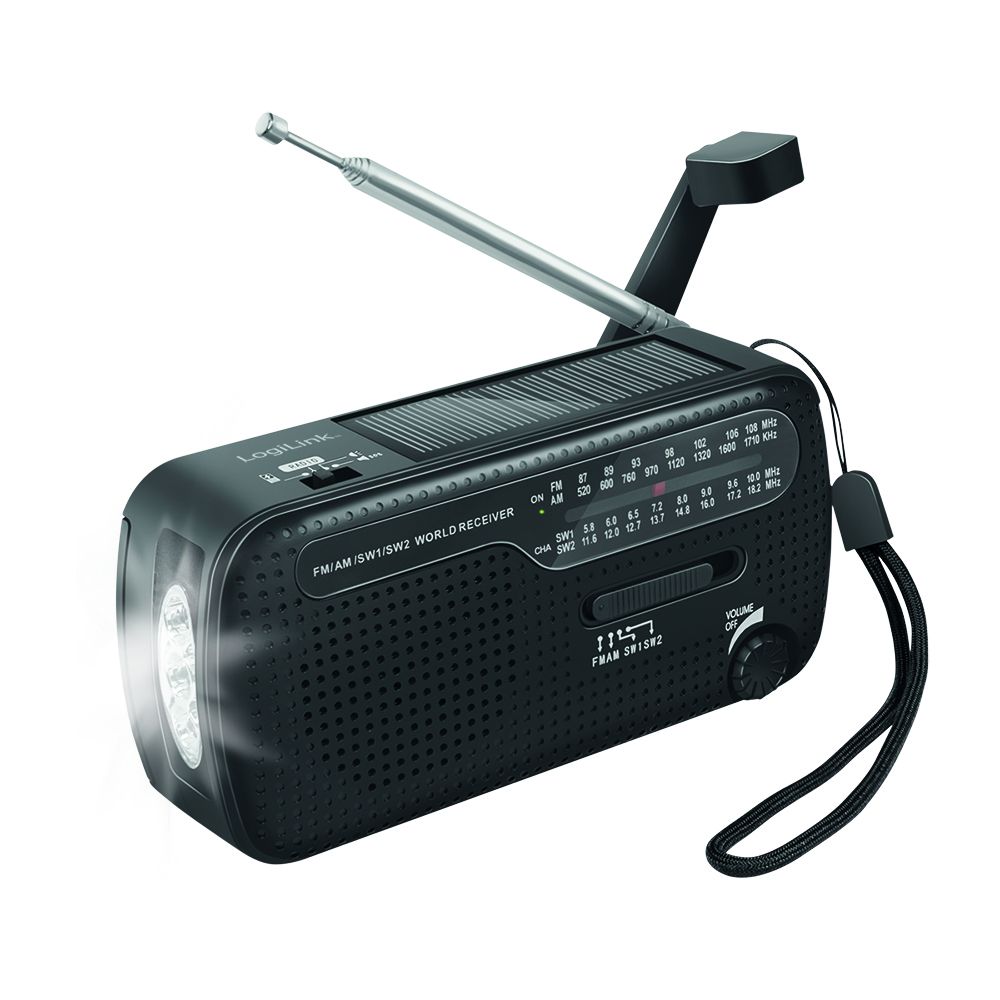 RADIO LOGILINK, cu Dinam, Panou Solar, 3.7V ac. litiu polimer, Lanterna, incarcator USB, 45Hz-20KHz, 