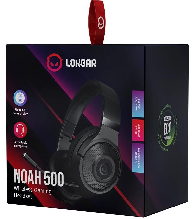 LORGAR Noah 500, Wireless Gaming headset with microphone, JL7006, BT 5.3, battery life up to 58 h (1000mAh), USB (C) charging cable (0.8m), 3.5 mm AUX cable (1.5m), size: 195*185*80mm, 0.24kg, black_2