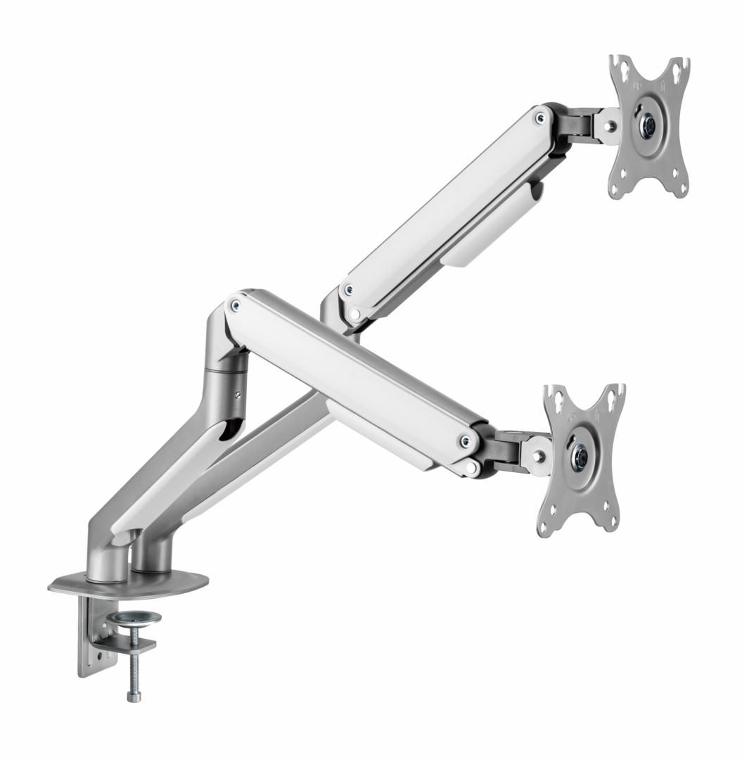 Suport 2 monitoare Serioux MM63-C024, compatibilitate  dimensiune ecran 17 -32 ,  greutate maximă suportata: (per ecran): 2~9kg, VESA: 75x75, 100x100, inclinare: +55°~-55°, pivotare: +90°~-90°, rotația ecranului: + 180°~-180°, instalare: clemă, grommet, grosime recomandată pentru birou: clemă