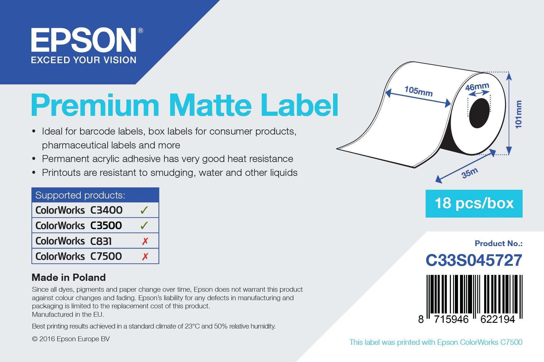 Premium Matte Label Cont.R, 105mm x 35m